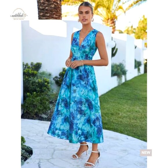 Sleeveless V-Neck Maxi Dress Floral Print Elastic Waist Wedding Guest - Picture 4 of 7